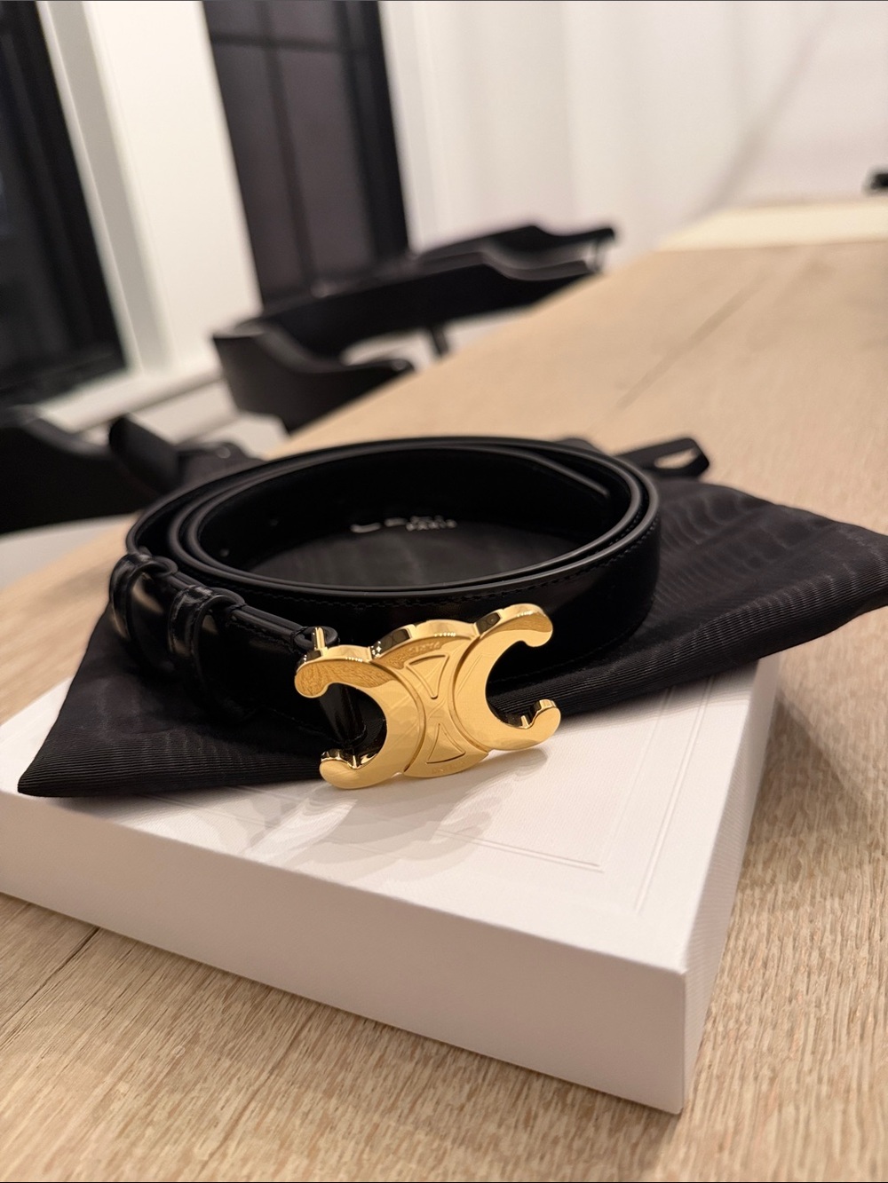 Celine medium 25 mm black taurillon Leather belt with Gold Buckle size 90